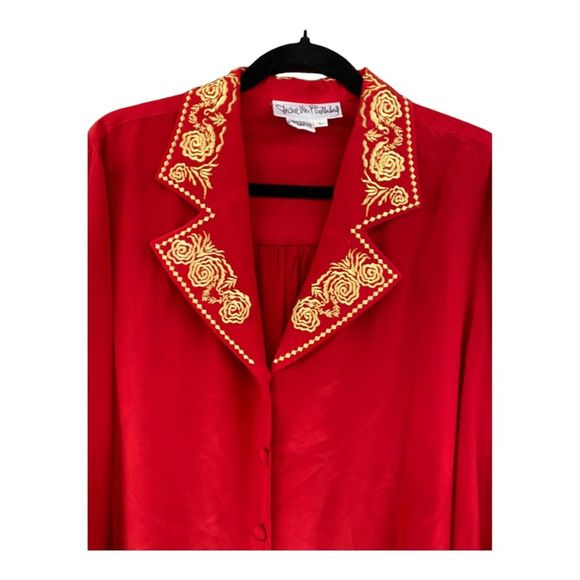 Vintage Diane Von Furstenberg Red Silk Blouse with Gold Embroidery size L - Picture 4 of 8